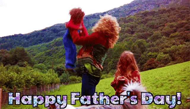 a happy father 's day greeting card with a woman holding two children and a dog