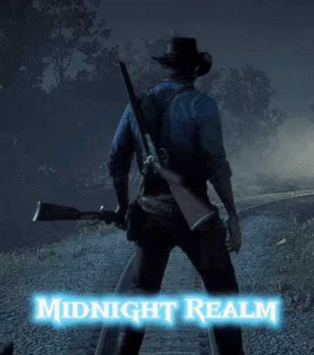 a man in a cowboy hat is holding a shotgun with the words midnight realm glowing in the background