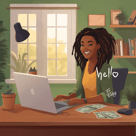 an illustration of a woman sitting at a desk using a laptop with the words hello written on the bottom
