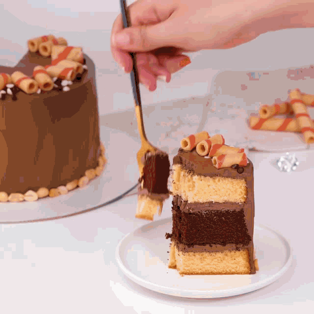 a person is taking a bite out of a chocolate cake on a plate
