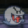 a pixel art of a ghost with a red tongue sticking out of its mouth .