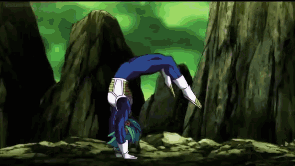 a cartoon character is doing a handstand in front of a mountain
