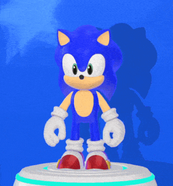a sonic the hedgehog standing on a white pedestal