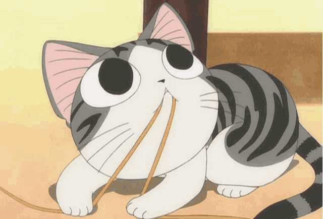 a cartoon cat is laying down with a stick in its mouth