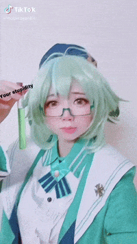 a girl with green hair and glasses holds a test tube that says " your stupidity "