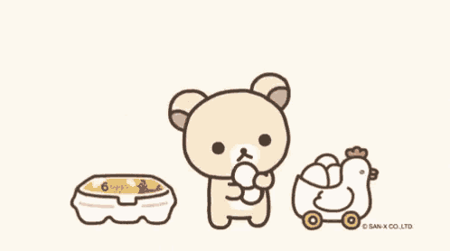 a cartoon of a teddy bear thinking about eggs and toast .