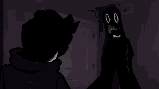 a cartoon drawing of a person looking at a black object with glowing eyes