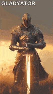 a knight in armor is holding a sword in a field with the word gladyator above him