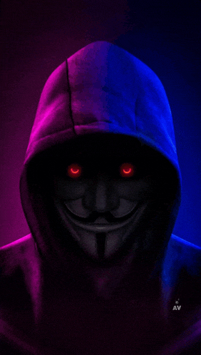 a man in a hoodie with red eyes and the letters av on the sleeve