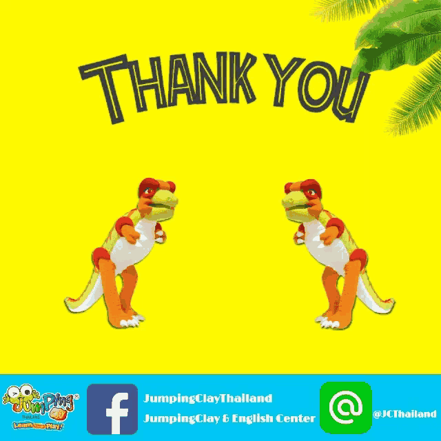 a yellow background with two dinosaurs and the word thank you