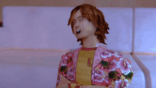 a cartoon character is wearing a jacket with flowers on it and a shirt that says ' rc paradise ' on it