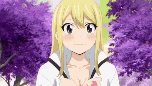 a blonde anime girl with purple trees in the background holds a flower in her hand