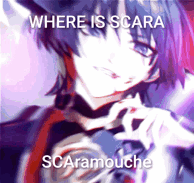 where is scara scaramouche is written on a purple background