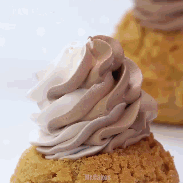 a close up of whipped cream on a cupcake with the words mr.cakes visible