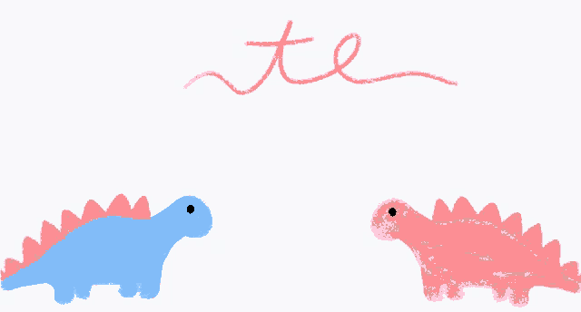 a blue and a pink dinosaur standing next to each other with the word amor written above them