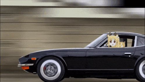a cartoon character is driving a black car