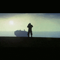 a silhouette of a man standing on top of a hill with a ship in the background