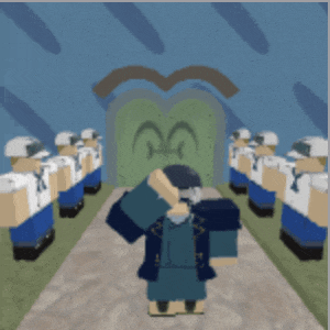 a group of soldiers are standing in front of a green door with the letter m on it