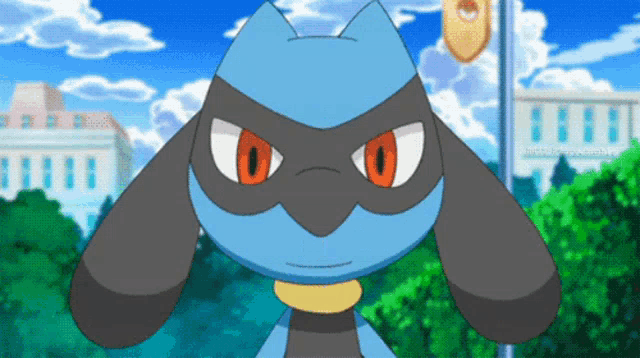 a blue and black pokemon with red eyes