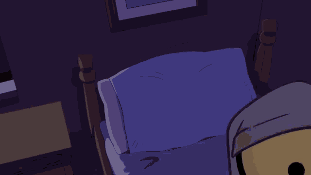 a cartoon character is laying in a bed with a hat on his head
