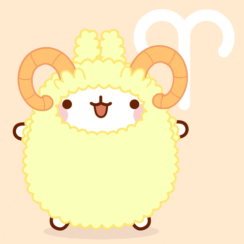 a cartoon drawing of a yellow sheep with horns and the letter r behind it