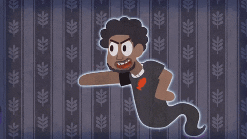 a cartoon of a man and a ghost with leaves on the background
