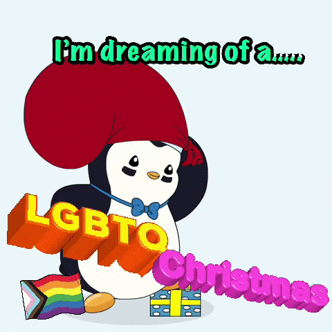 a penguin wearing a santa hat is holding a bag that says lgbtq christmas on it