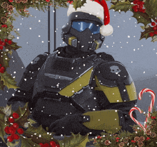 a soldier in a santa hat is surrounded by candy canes