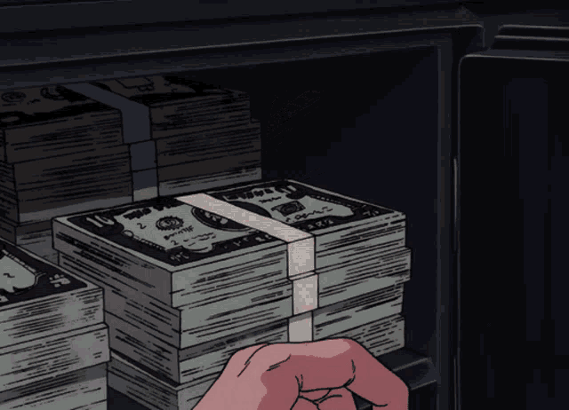 a hand is reaching for a stack of 10 dollar bills in a safe