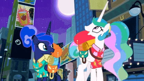 a cartoon of two ponies standing in front of a building that says u.