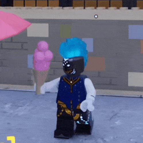 a lego character is holding an ice cream cone in his hand