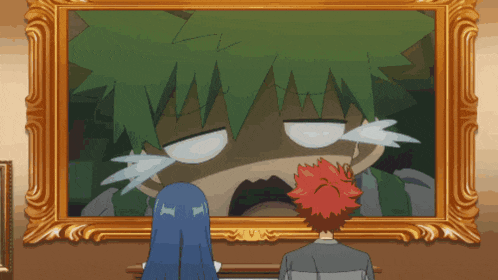 a man and a woman are looking at a painting of a green haired anime character