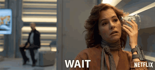 a netflix ad shows a woman holding a beaker to her ear