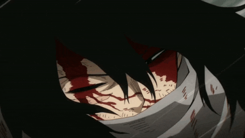a close up of a cartoon character with blood on his face
