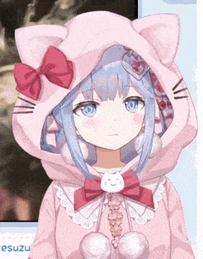 a girl with blue hair is wearing a pink cat hooded jacket
