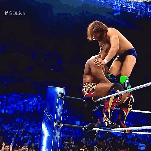 two men are wrestling in a wrestling ring with a crowd watching .