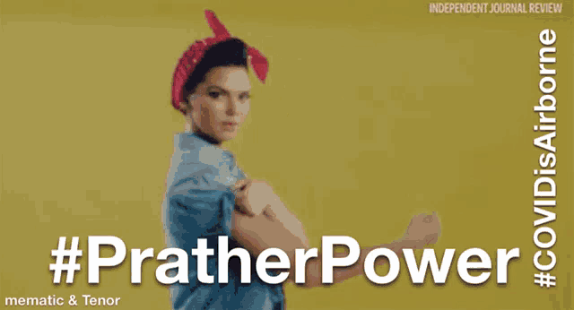 a woman flexes her muscles in front of a yellow background that says #pratherpower