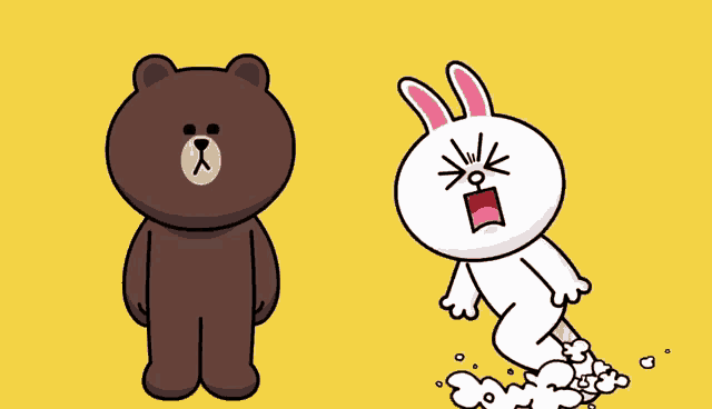 a brown bear and a white rabbit hugging each other on a yellow background