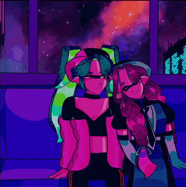 a drawing of two girls sitting on a couch