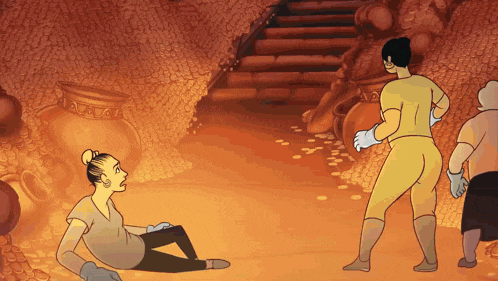 a cartoon of a woman laying on the ground surrounded by coins