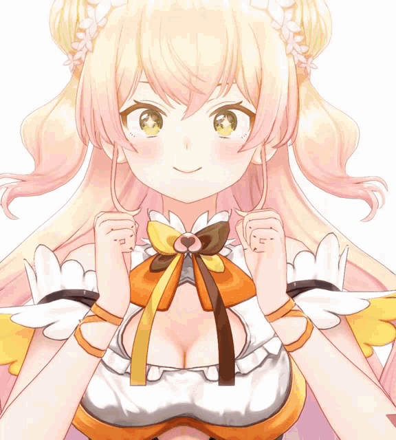 a close up of a girl 's face with a bow on her chest