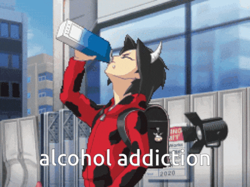 a cartoon character drinking milk from a carton with the words alcohol addiction written below him