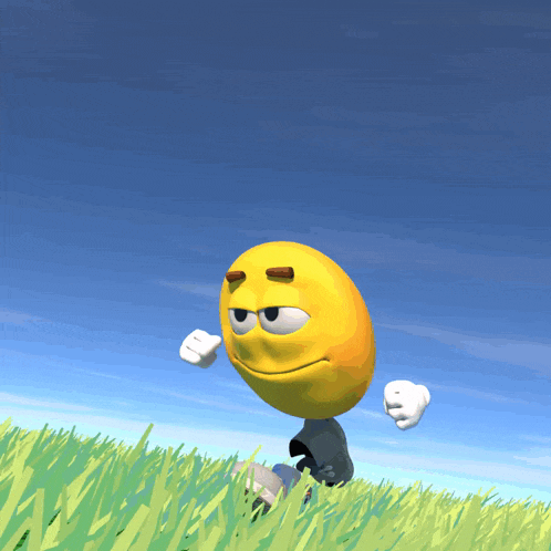 a yellow smiley face is running through a field of grass