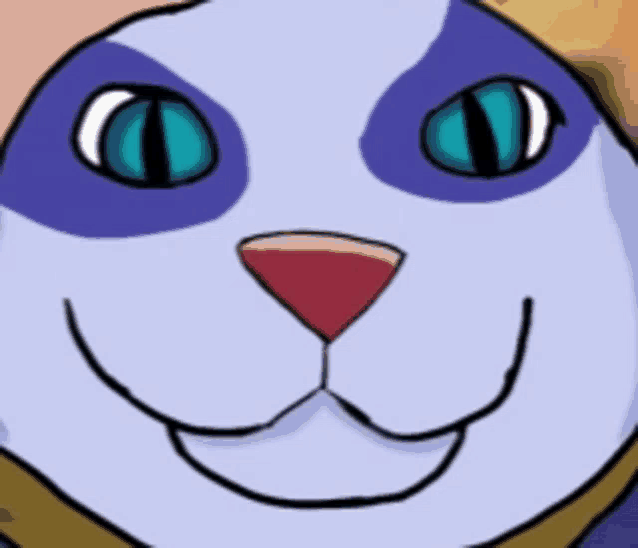 a close up of a cat 's face with blue eyes and a red nose