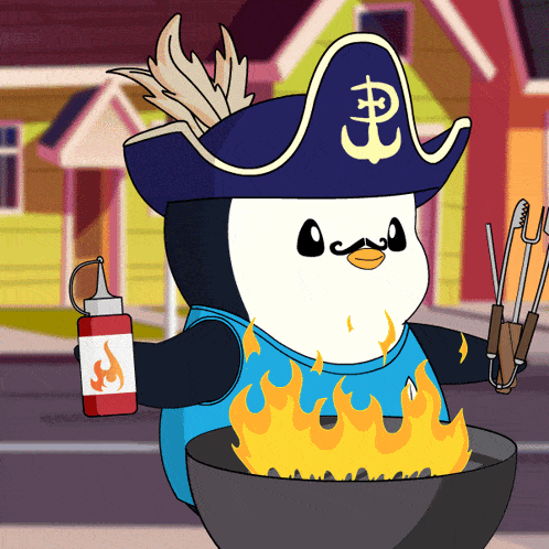 a penguin wearing a pirate hat is holding a bottle of ketchup