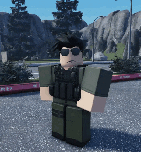 a roblox character is standing in front of a sign that says no parking