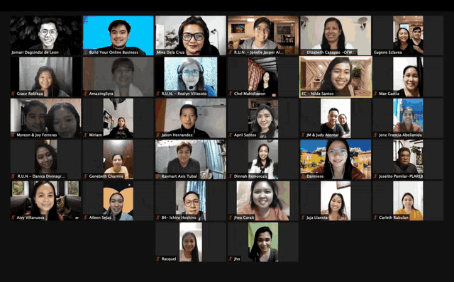 a group of people are on a video call with their names displayed on the screen