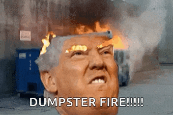 a picture of donald trump 's head on fire with the words dumpster fire written below him .