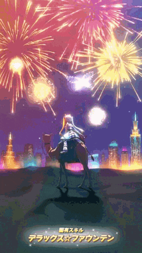 a person riding a camel in front of fireworks in a video game