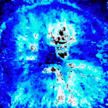 a skeleton is swimming in a pool of blue water